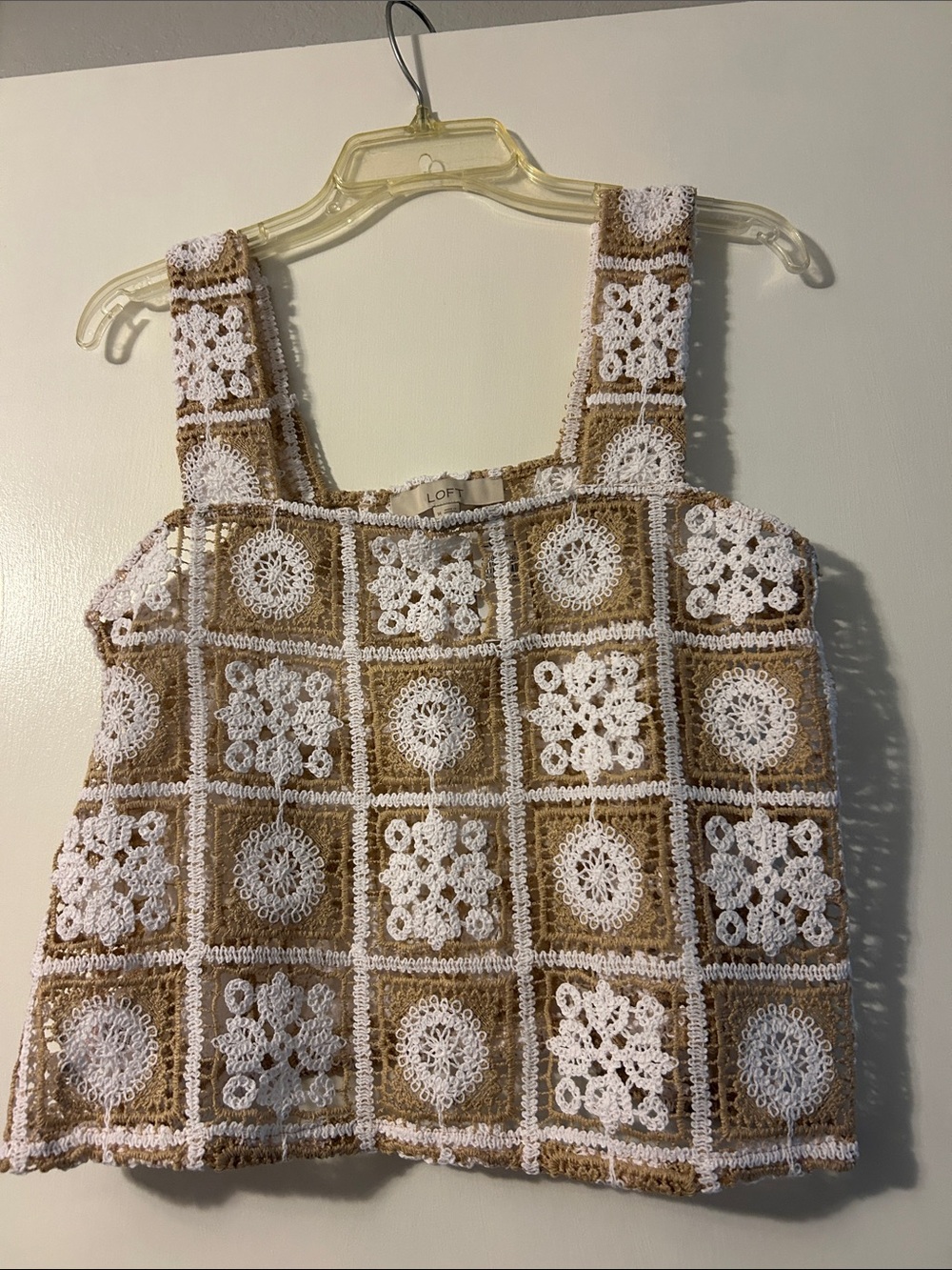 LOFT White & Tan Crochet Square Tank